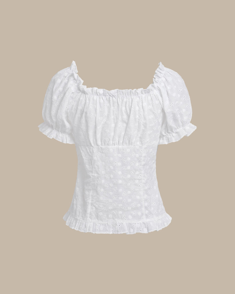 White Sweetheart Neck Puffed Sleeve Blouse