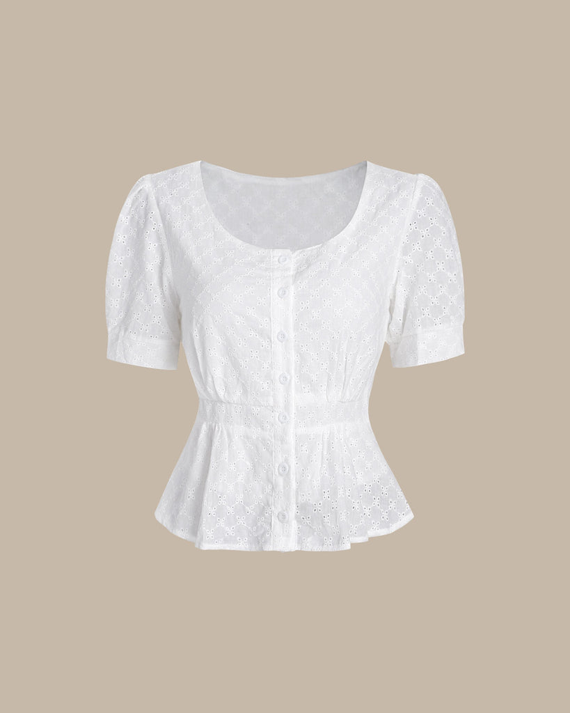 White Embroidery Button Round Neck Blouse - RIHOAS