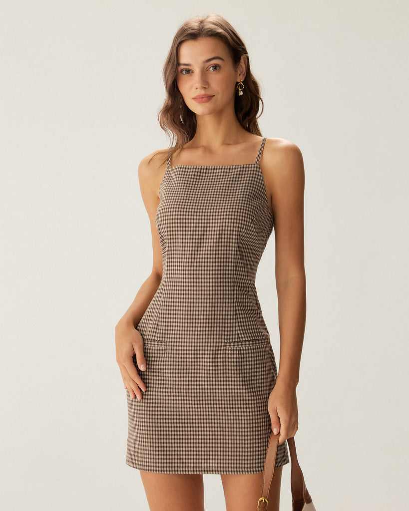 Brown Plaid Slip Mini Dress - RIHOAS