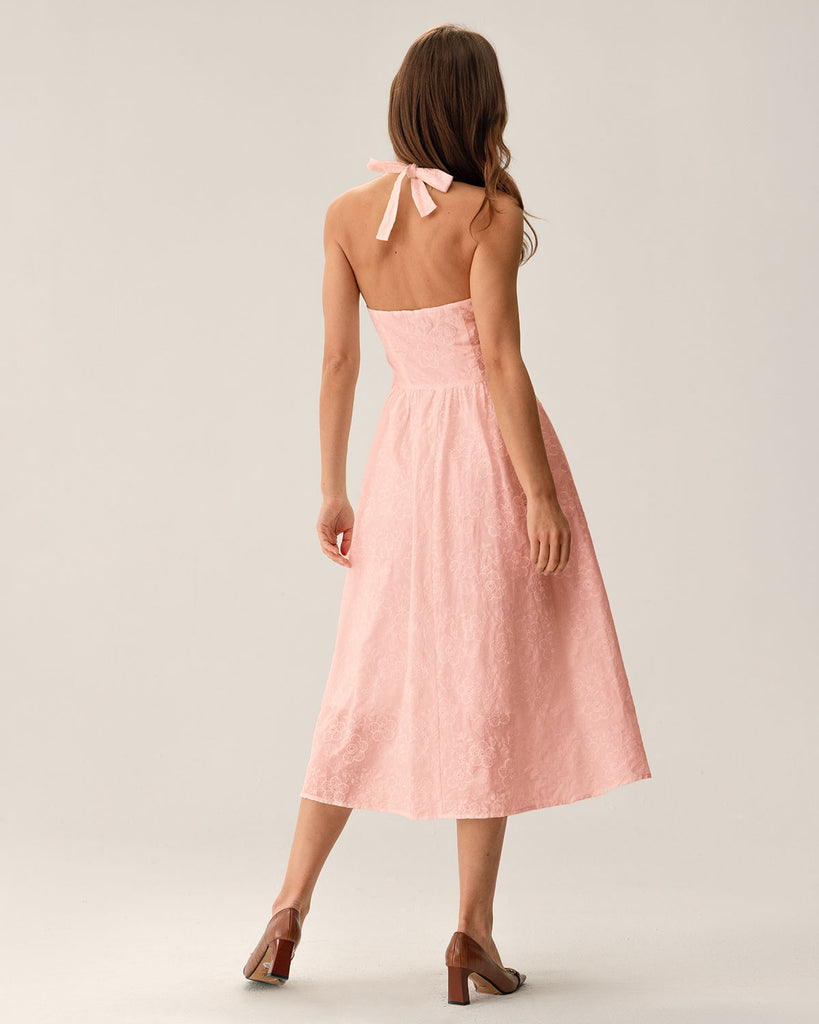 Pink Embroidery Halter Midi Dress - RIHOAS