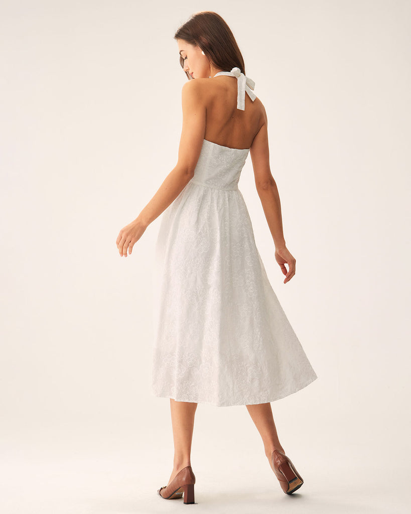 White Embroidery Halter Midi Dress