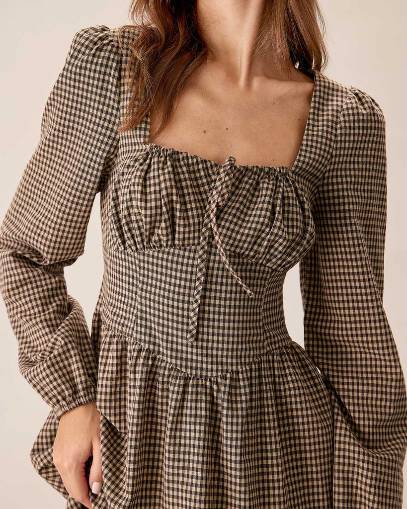 Brown Plaid Square Neck Ruched Midi Dress