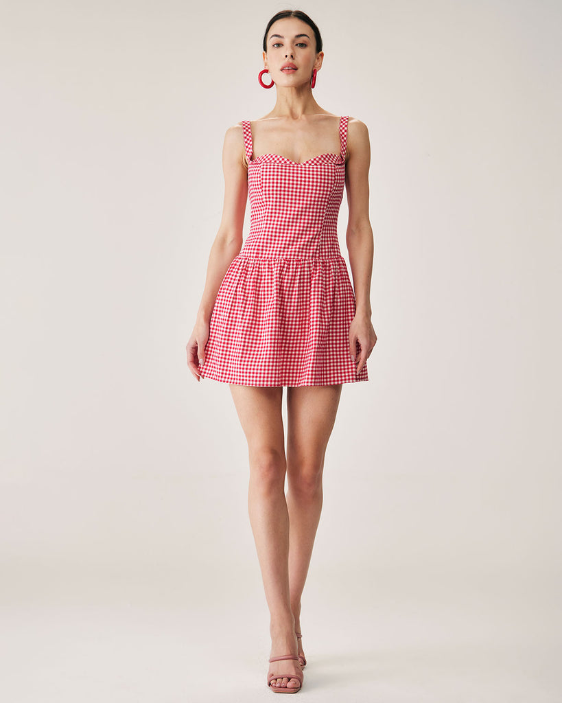 Red Plaid Sweetheart Neck Slip Mini Dress