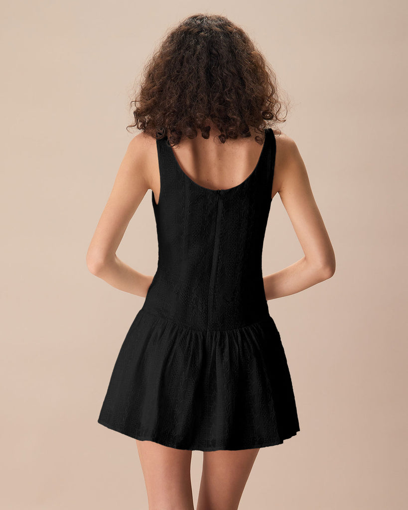 Women's Black Boat Neck Jacquard Cotton Mini Dress