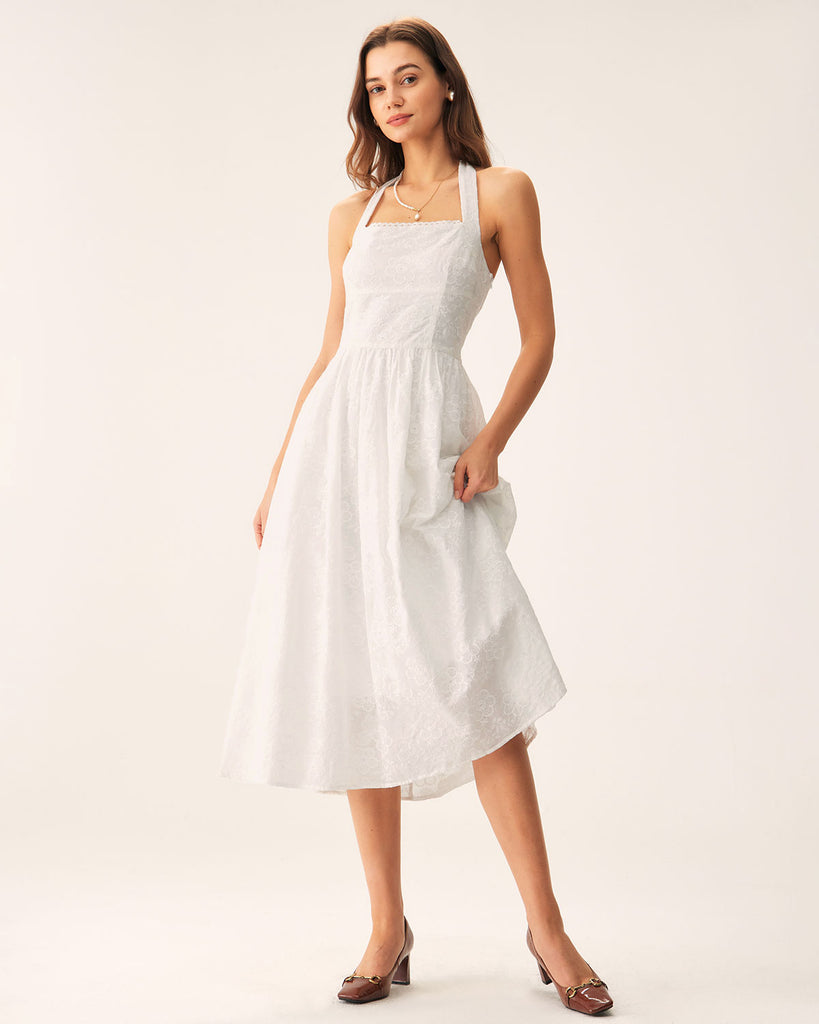 White Embroidery Halter Midi Dress