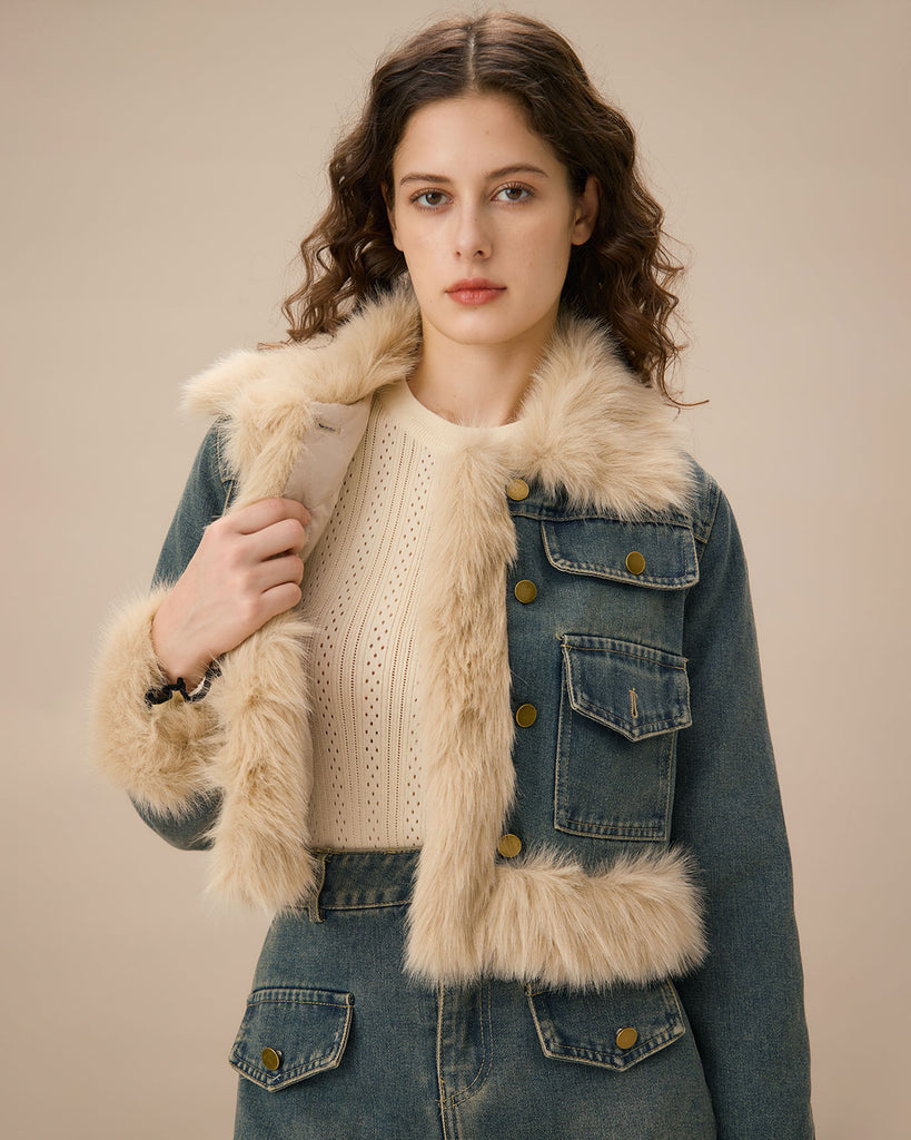 Blue Single Breasted Fur Jacket