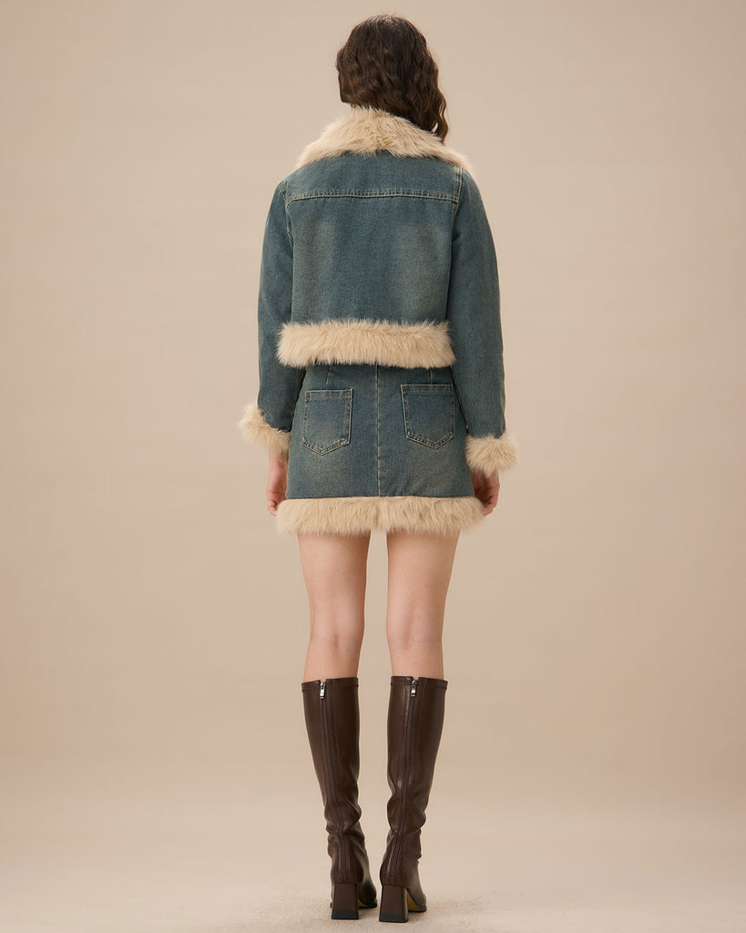 Blue Single Breasted Fur Jacket