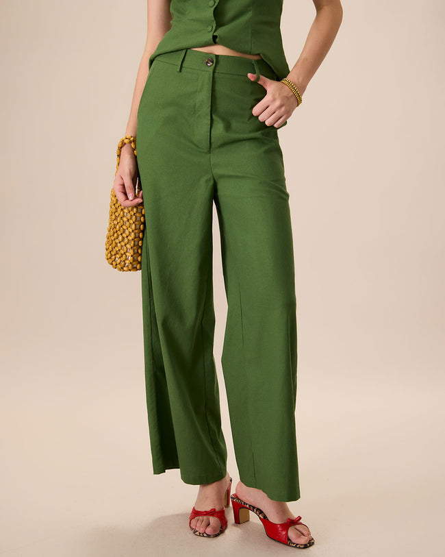 Women s Green High Waisted Cotton Linen Wide Leg Pants