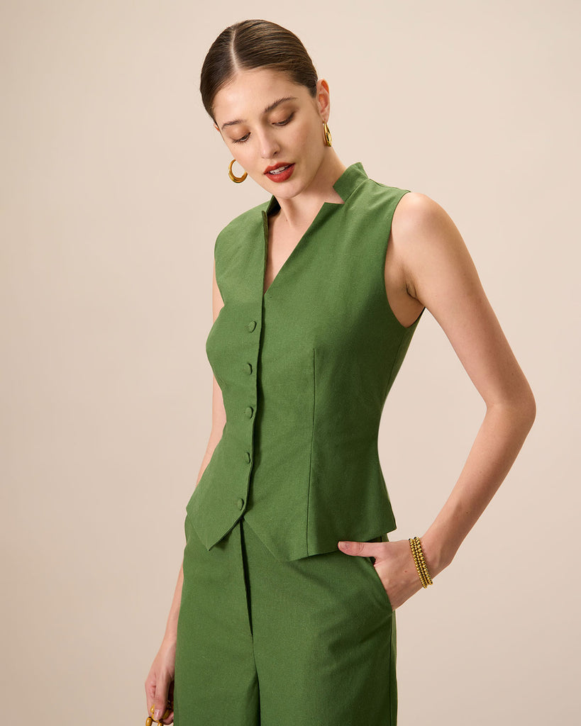 Women Woven Cotton Linen Blended Vest Green Tops - RIHOAS