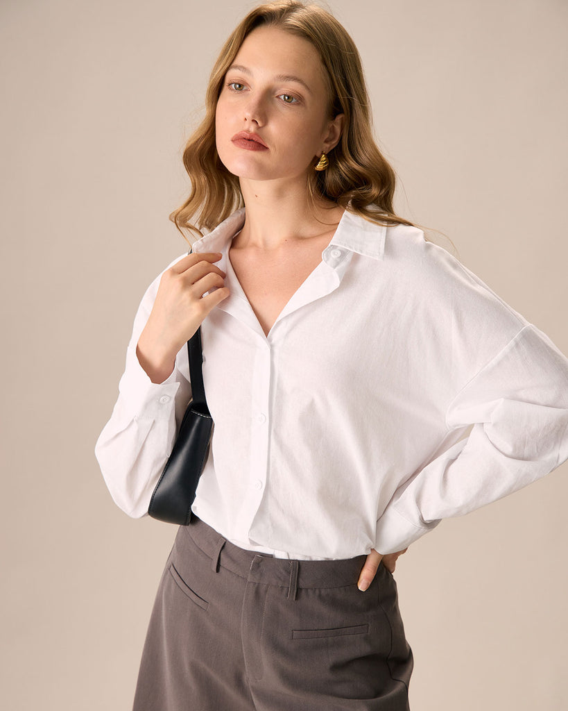 Women Woven Cotton Shirts White Tops - RIHOAS