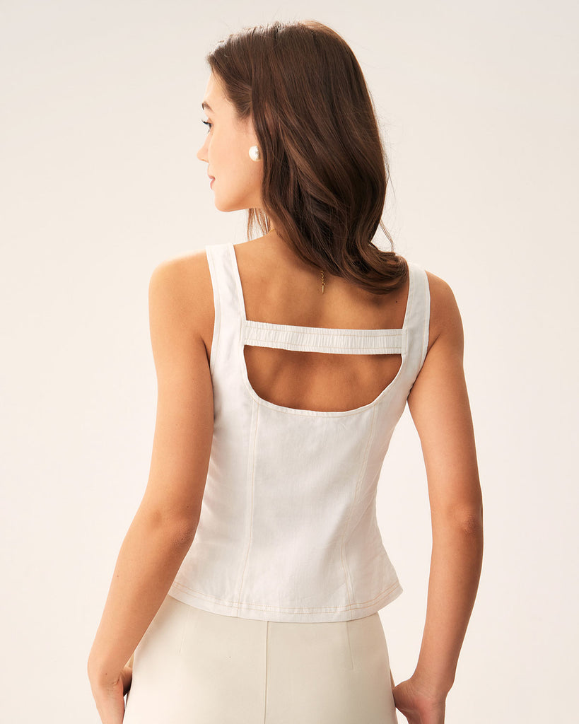 White Cut Out Button Tank Top