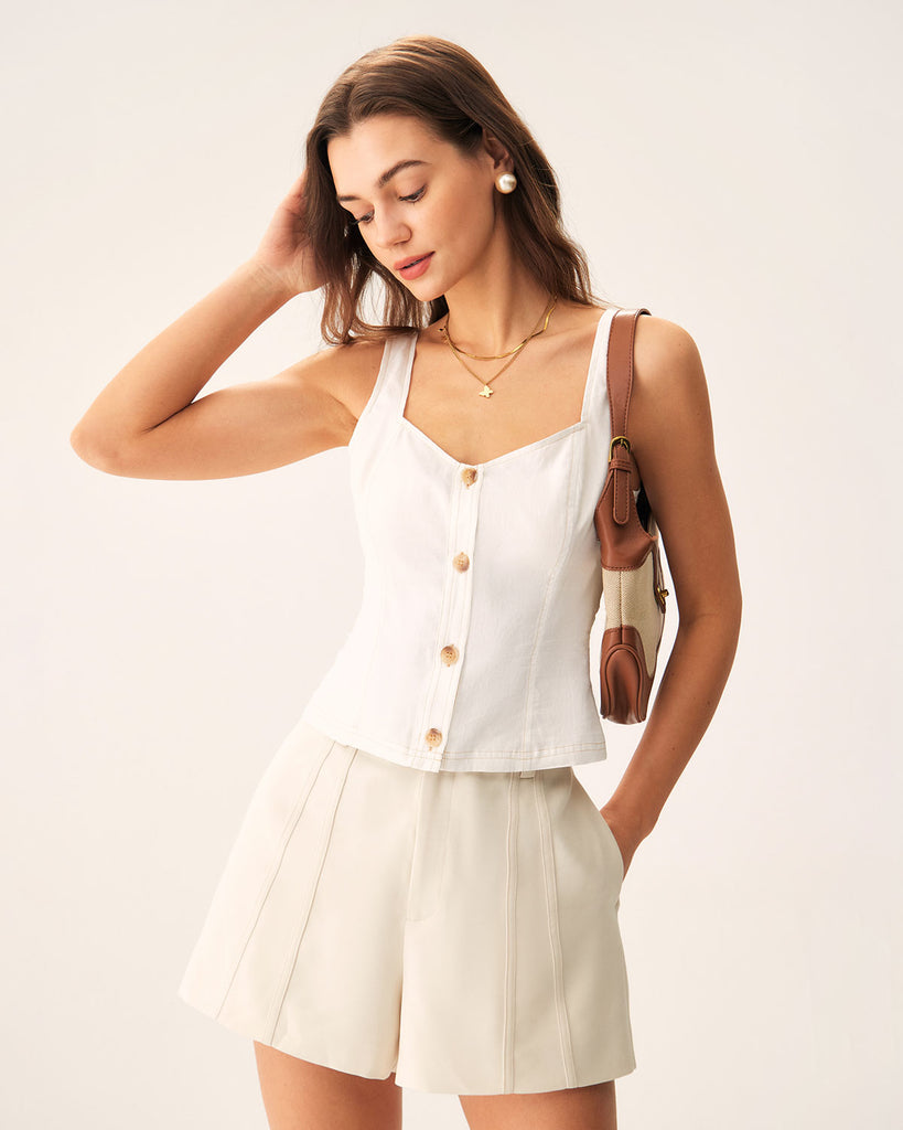 White Cut Out Button Tank Top