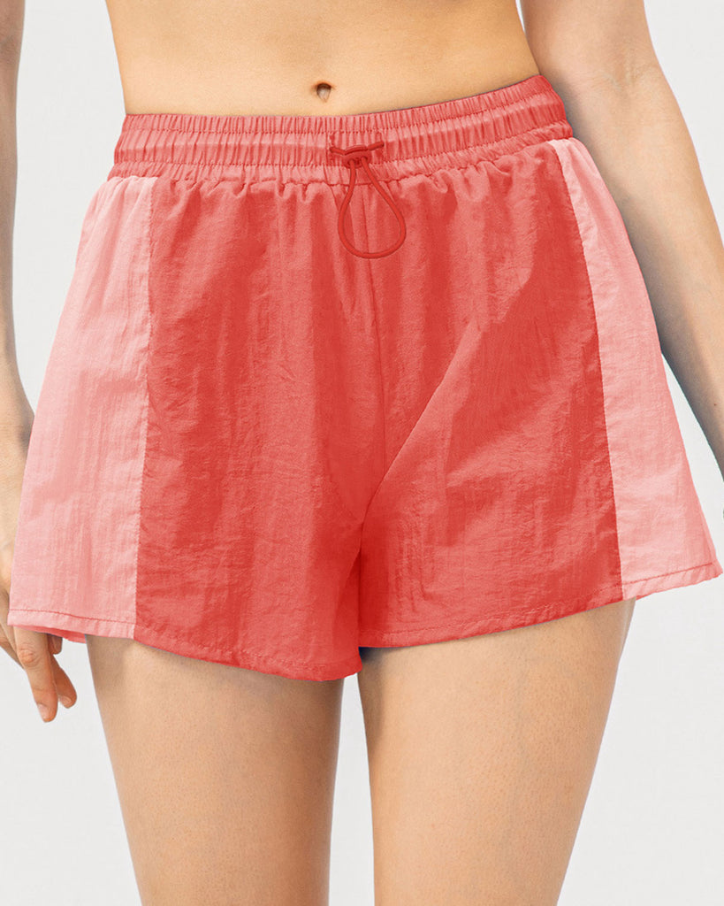 Red Contrast Elastic Waist Yoga Shorts