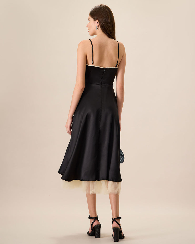 Women's Black Splicing Satin Slip Midi Dress - RIHOAS