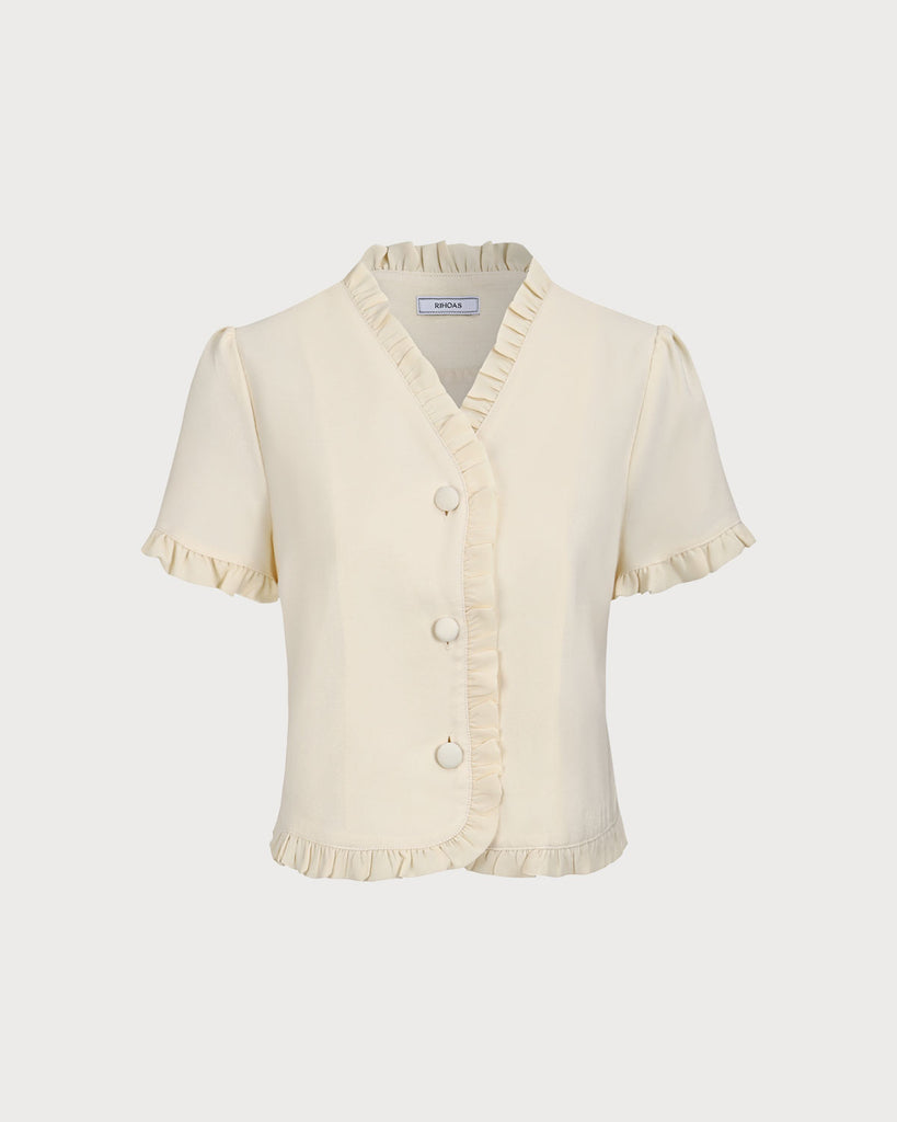 Women's Beige V-Neck Ruffle Blouse