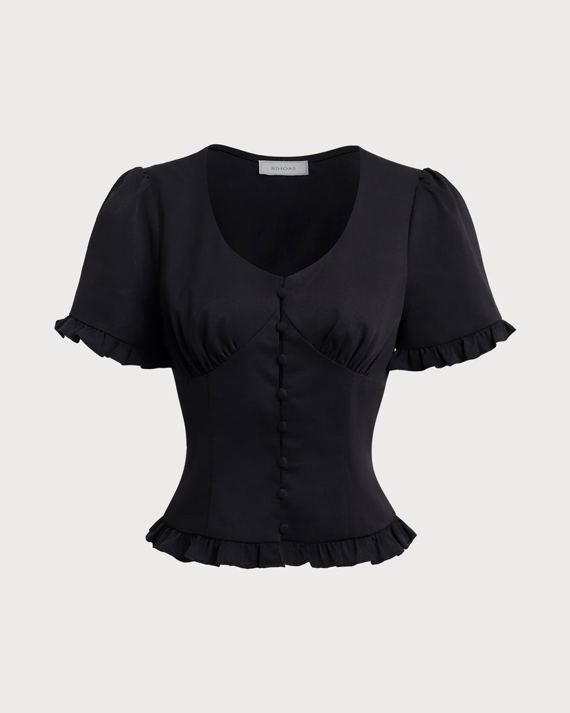 Black V-Neck Ruffle Puffed Sleeve Blouse - RIHOAS