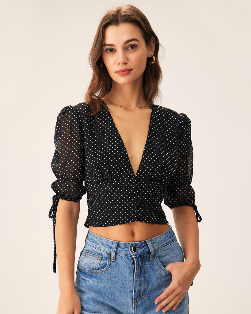 Black V-Neck Polka Dot Blouse