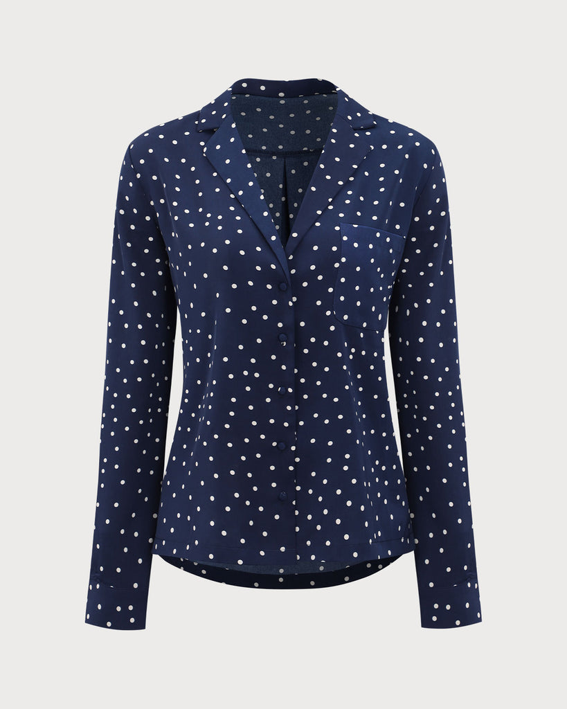 Navy V Neck Polka Dot Pocket Blouse