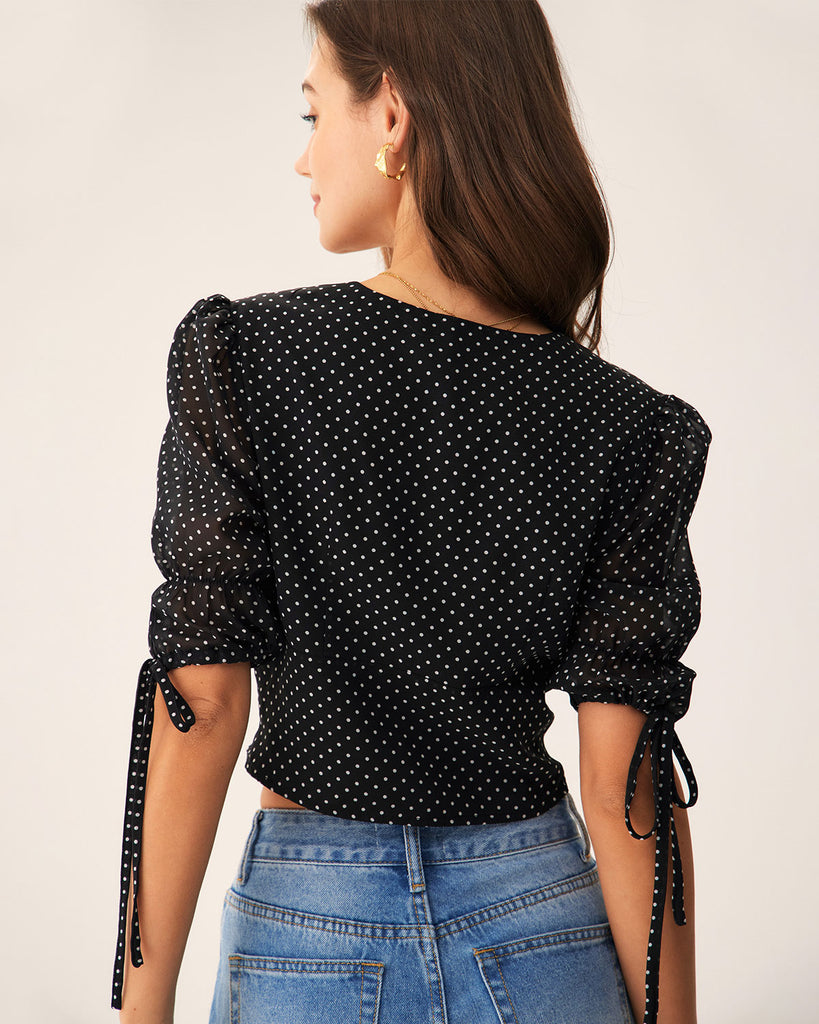 Black V-Neck Polka Dot Blouse