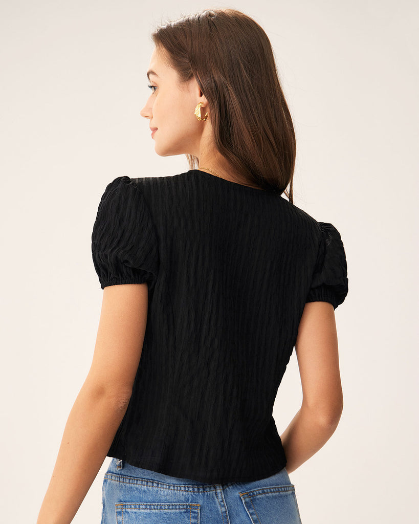 Black Jacquard Lace Button Blouse