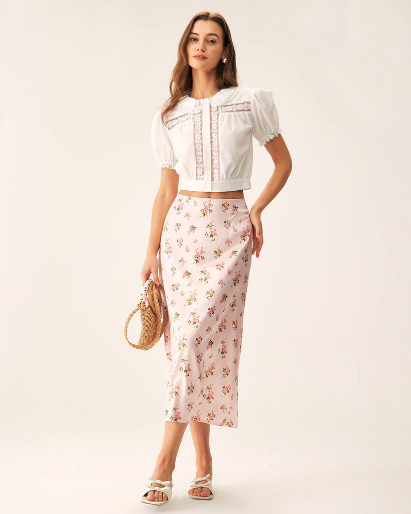 White Floral Puffed Sleeve Cropped Blouse