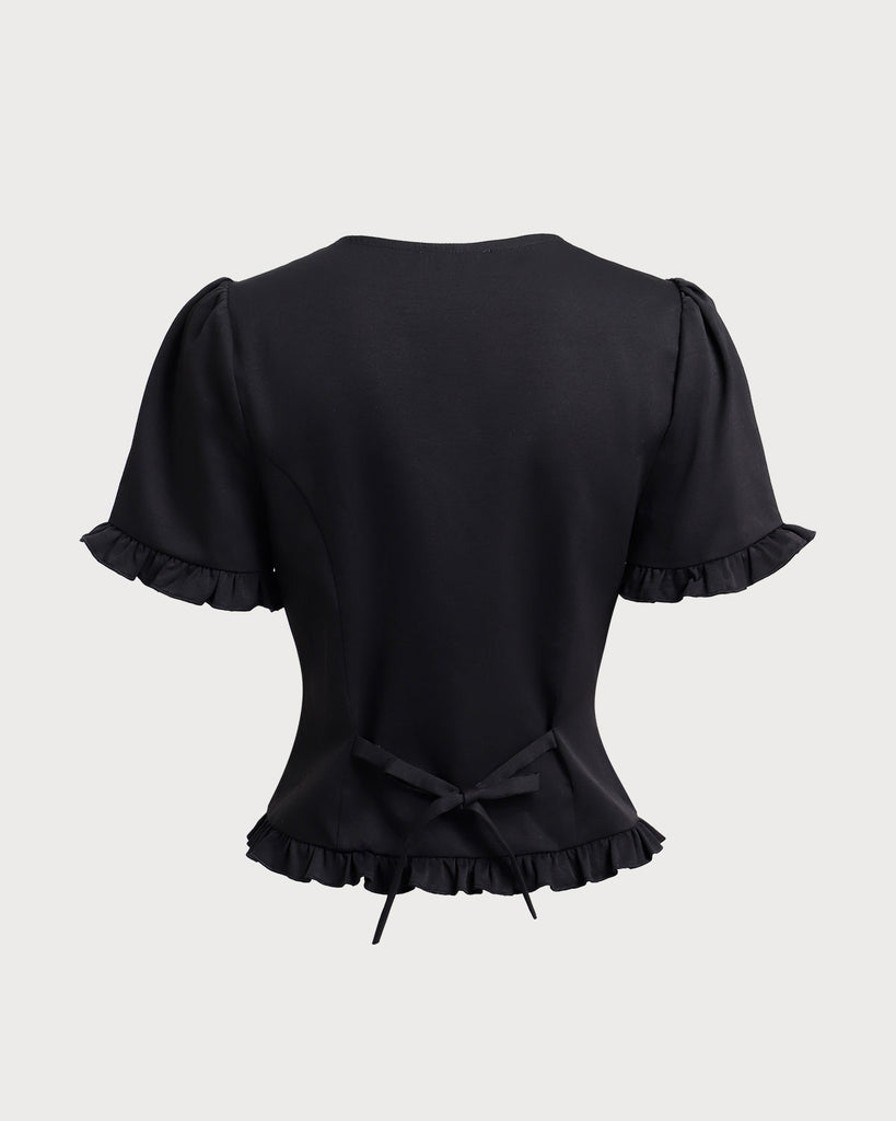 Black V-Neck Ruffle Puffed Sleeve Blouse - RIHOAS