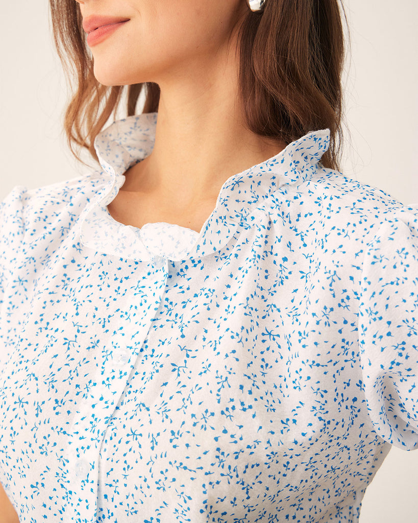 Blue Floral Puffed Sleeve Blouse