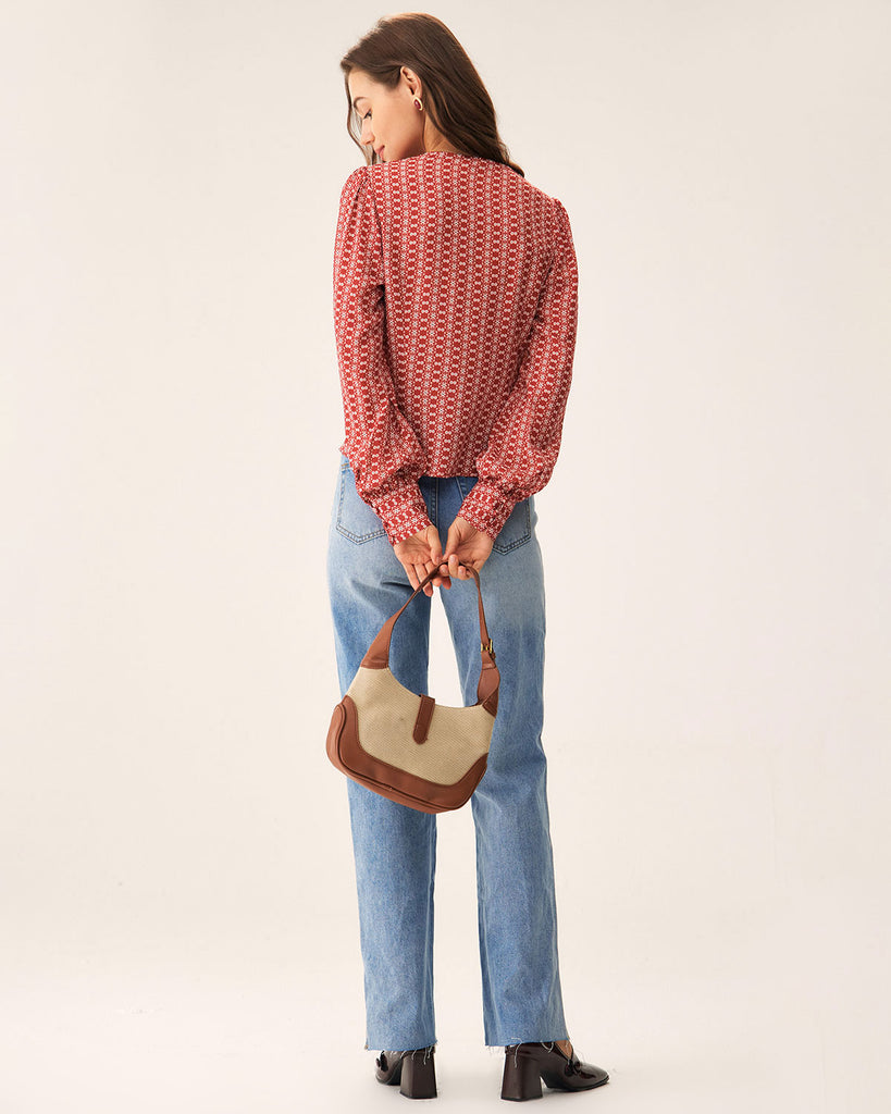 Red Floral V Neck Blouse