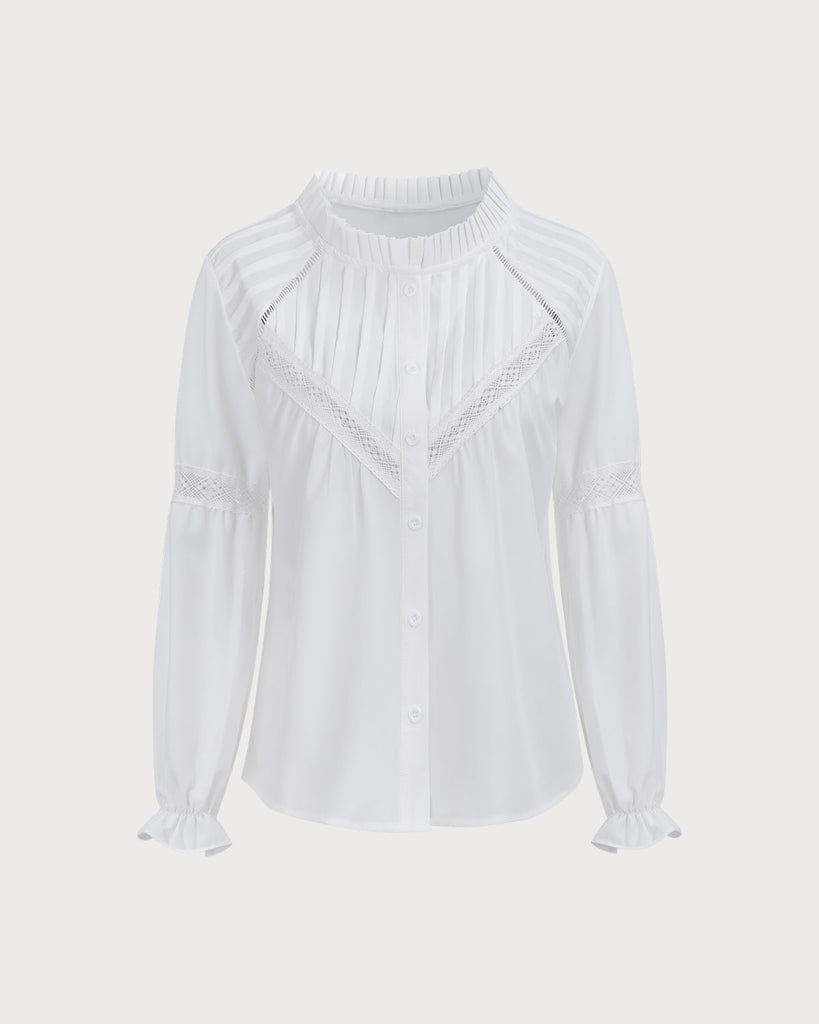 Women's White Mock Neck Poet Sleeve Shirt