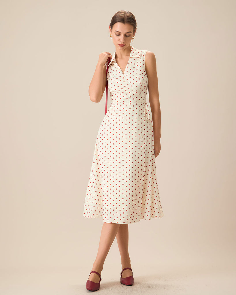 Women's Beige Poka Dot Wrap Midi Dress