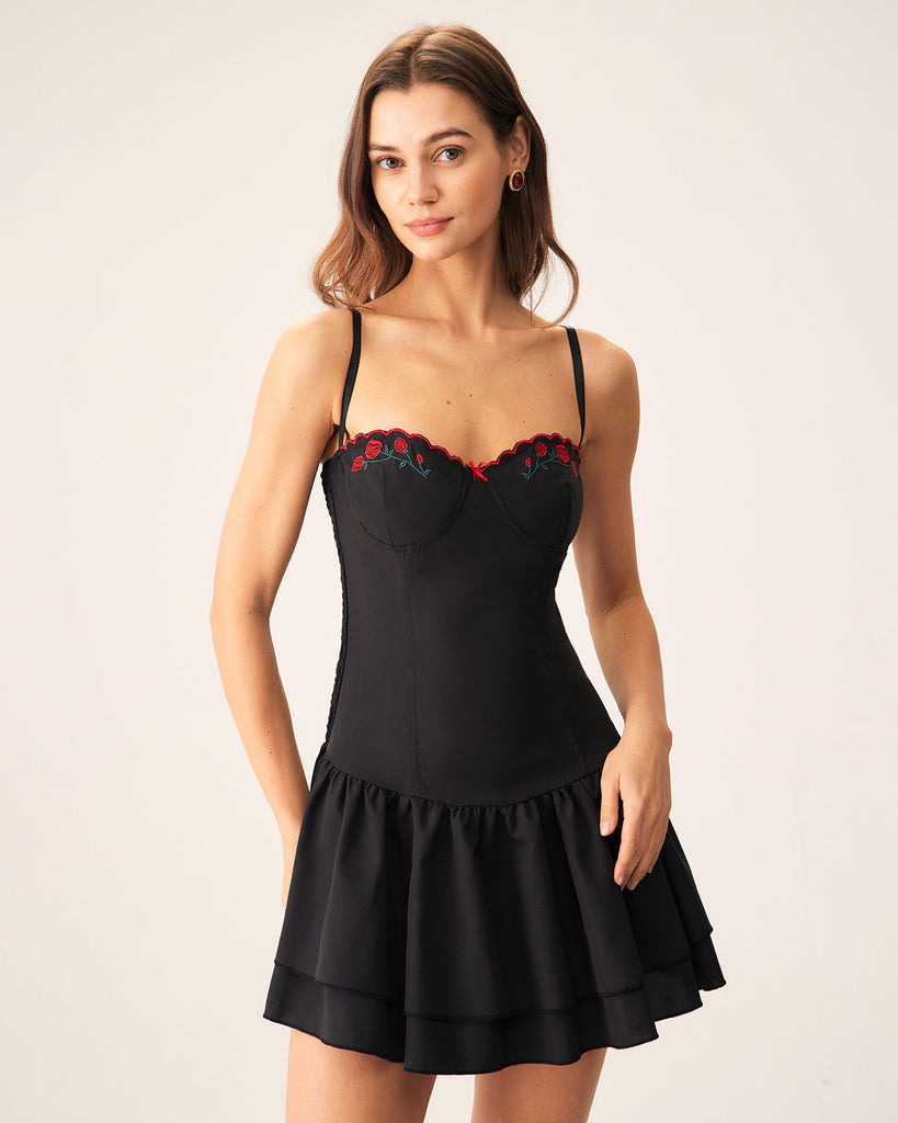 Black Embroidery A-Line Slip Mini Dress