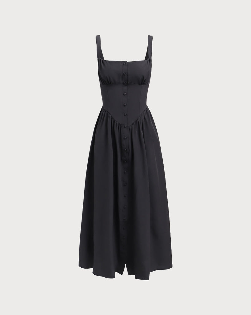 Black Square Neck Ruched Pocket Midi Dress