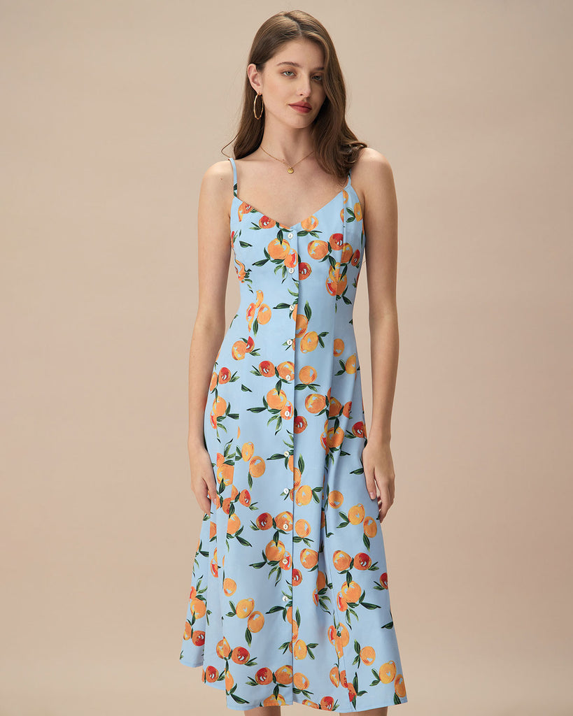 Women's Blue Fruit Print Slip Midi Dress