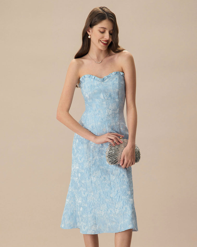 Women's Blue Strapless Jacquard Midi Dress - RIHOAS