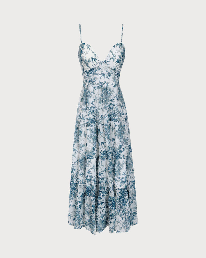 Blue Floral Tie Strap Midi Dress