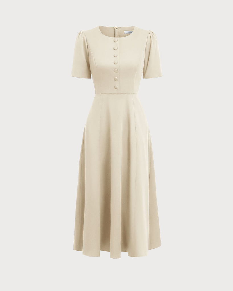 Beige Puffed Sleeve Button Midi Dress