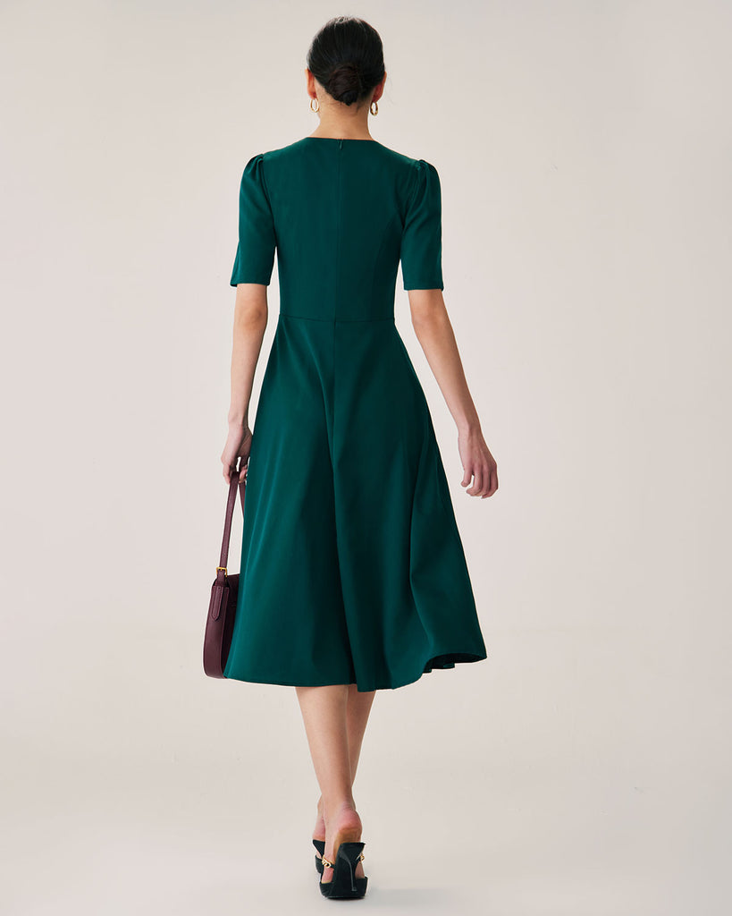 Green Puffed Sleeve Button Midi Dress