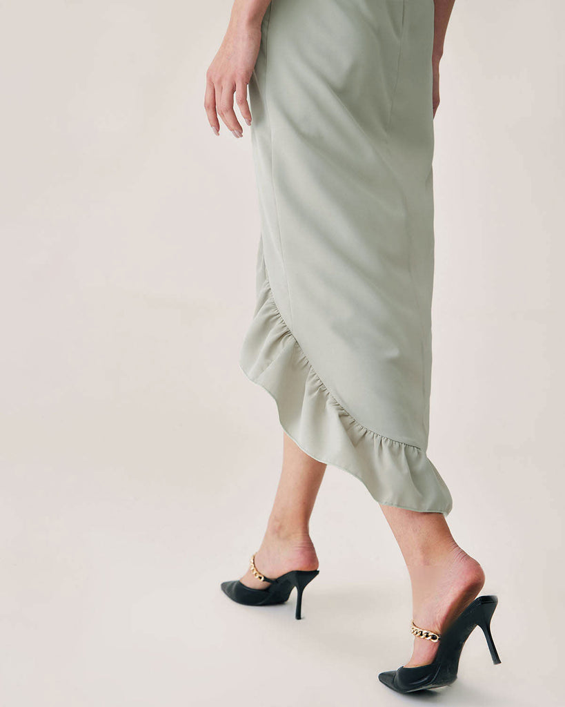 Green Ruffle Slit Slip Maxi Dress