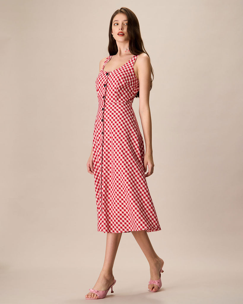 Women's Red U-Neck Plaid Midi Dress - RIHOAS