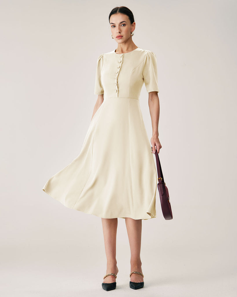 Beige Puffed Sleeve Button Midi Dress