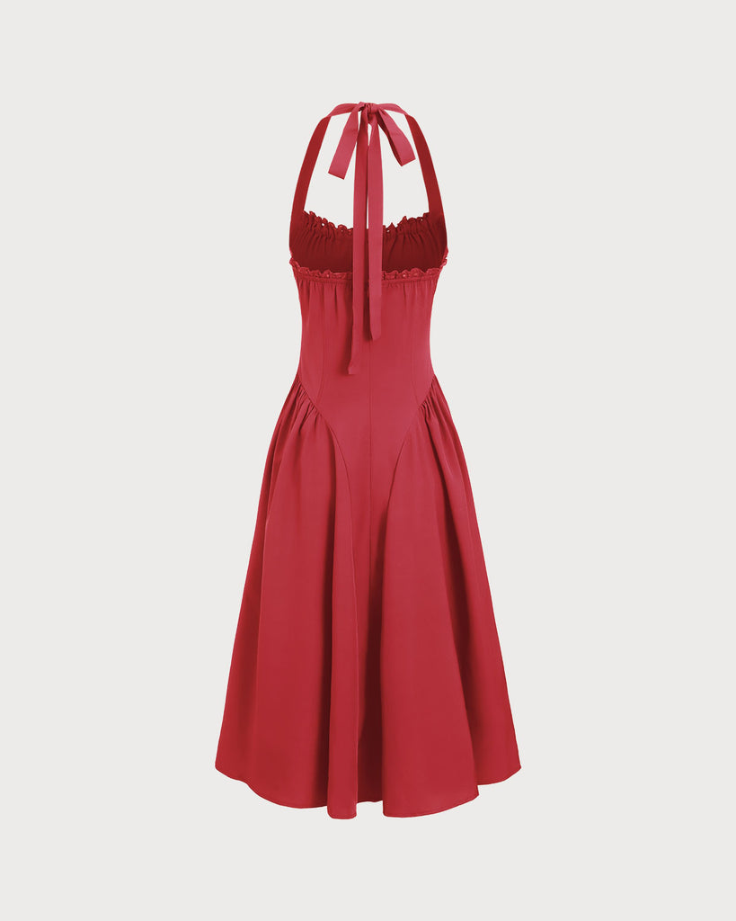 Red Ruched Halter Midi Dress