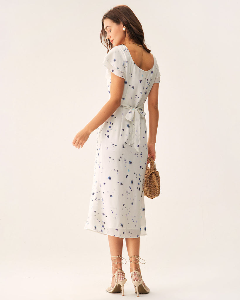 Beige Floral Square Neck Midi Dress