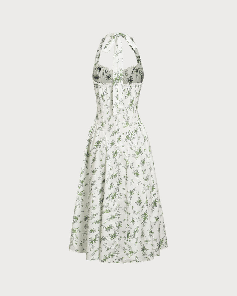 Green Floral Ruched Lace Halter Midi Dress