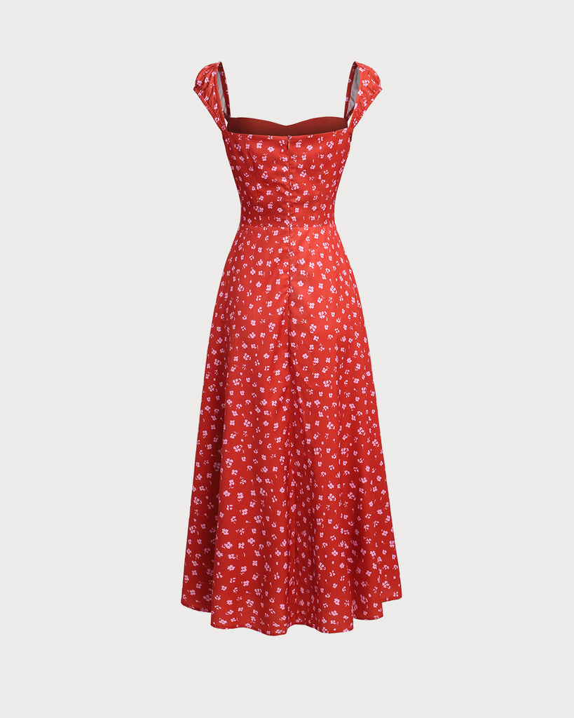 Red Floral Sweetheart Neck Cap Sleeve Midi Dress