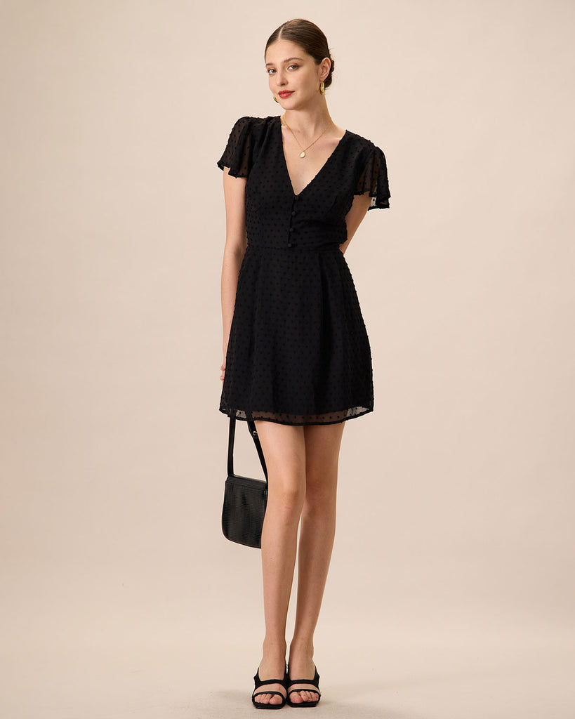 Women's Black V-Neck Ruched Mini Dress