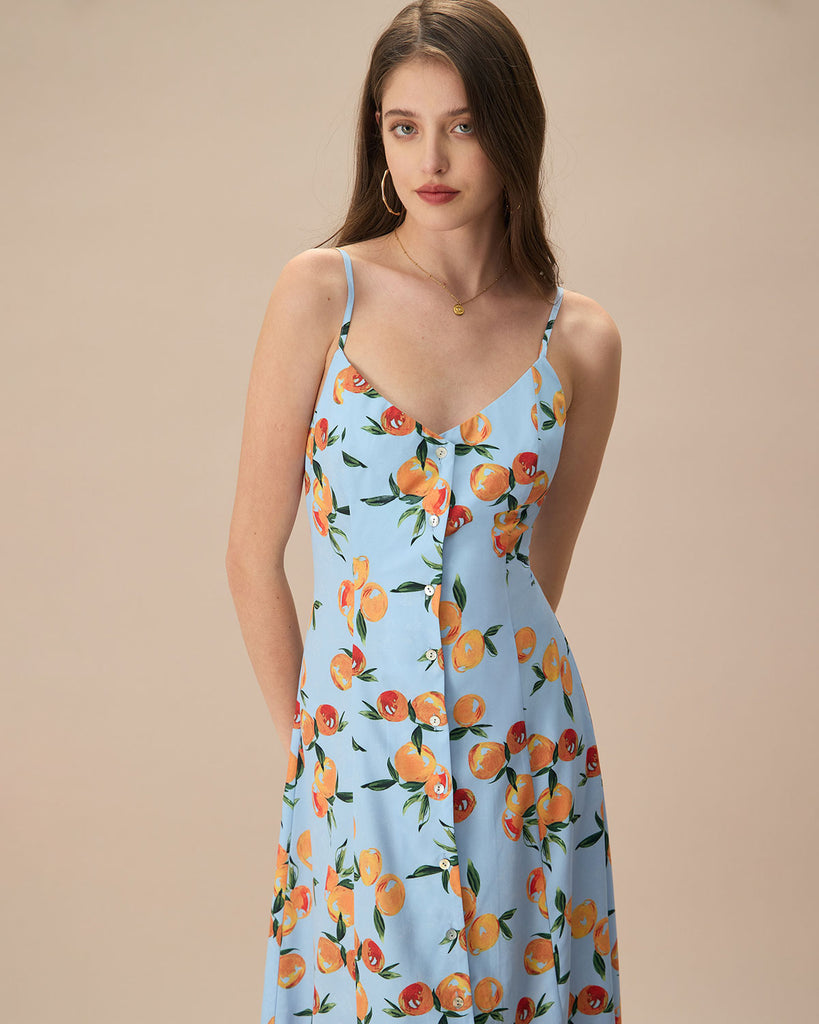 Women's Blue Fruit Print Slip Midi Dress