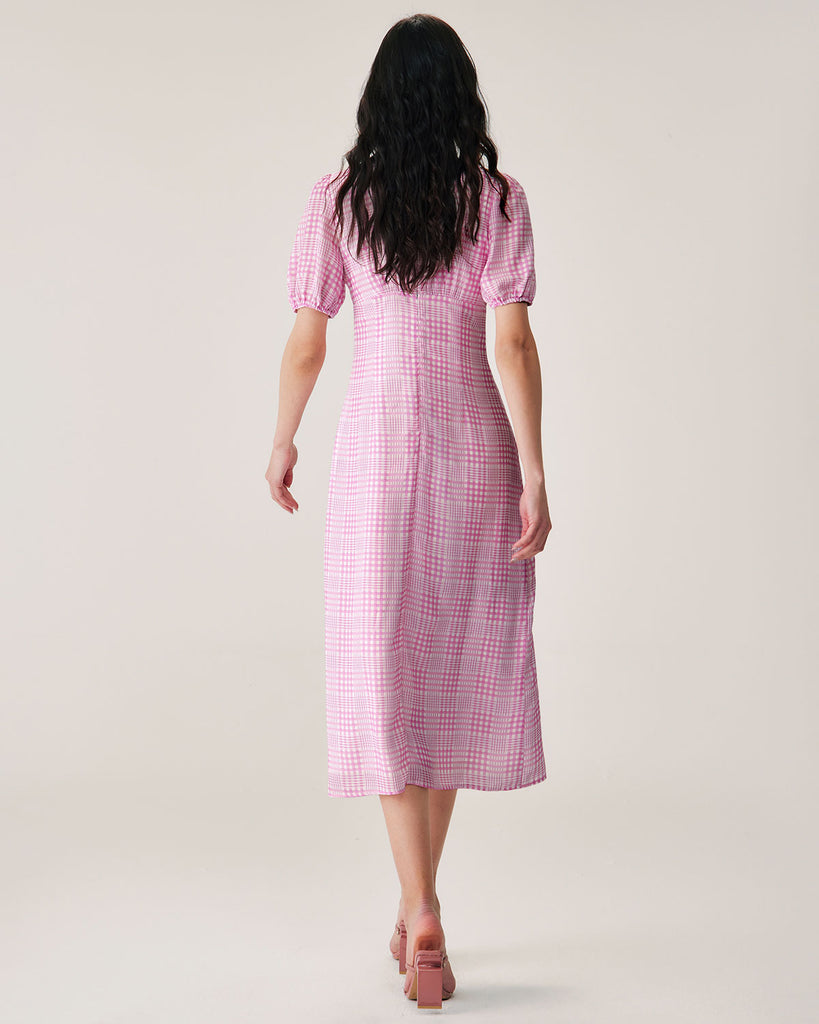 Pink Plaid V-Neck Midi Dress