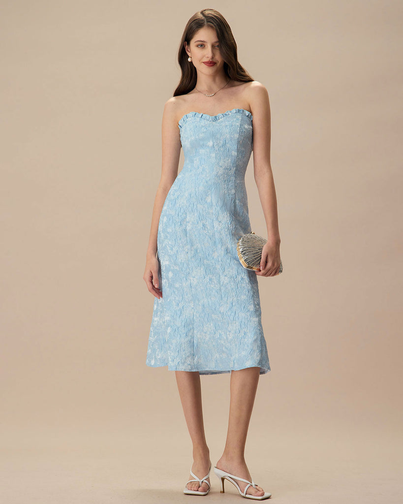 Women's Blue Strapless Jacquard Midi Dress - RIHOAS