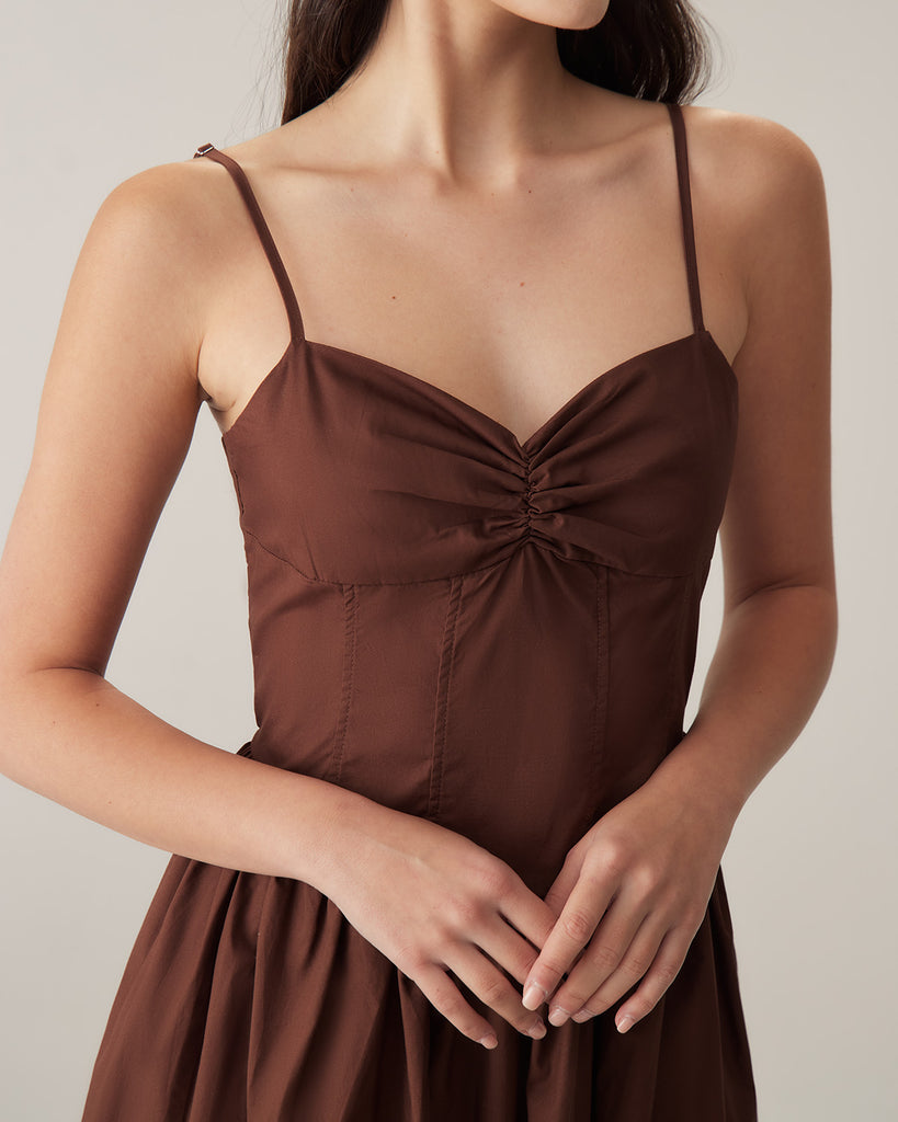 Brown Sweetheart Neck Slip Midi Dress