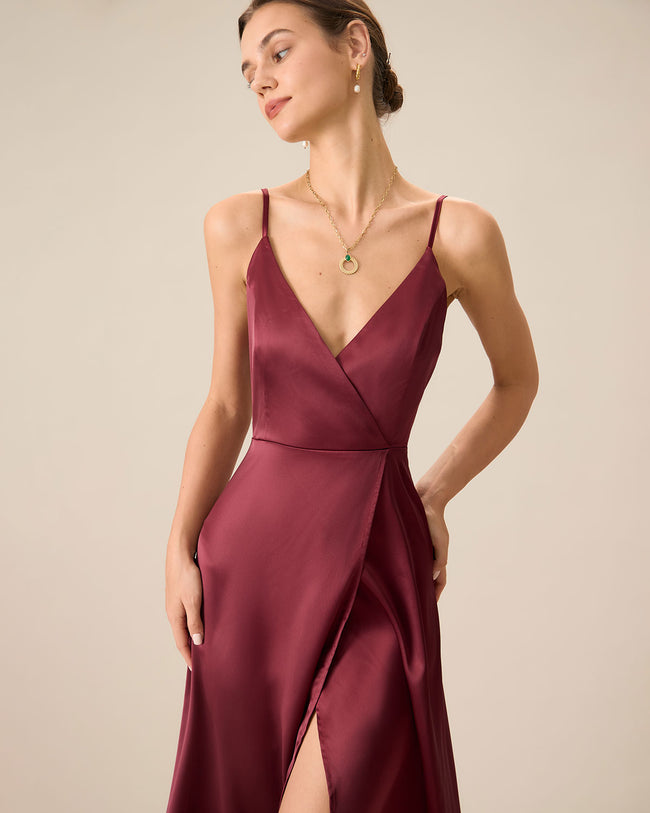Women s Red Satin Slit Maxi Dress Reviews Wine Red Dresses RIHOAS